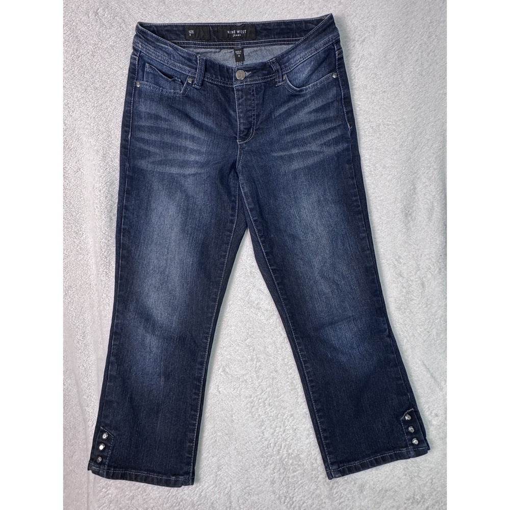Nine West Karen Missy Blue Floral Ankle Jeans Studded Slit Size 4